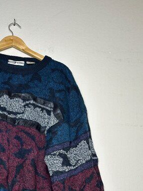 VTG Urban Works Men XL Blue Sweater Knit Leather Lining Grandpa 90s Cosby Floral